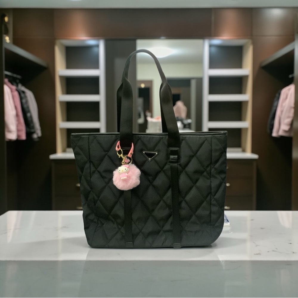 Elegant Black Nylon Quilted Tote Bag-Large Capacity-Hello Kitty bag charm-NWOT